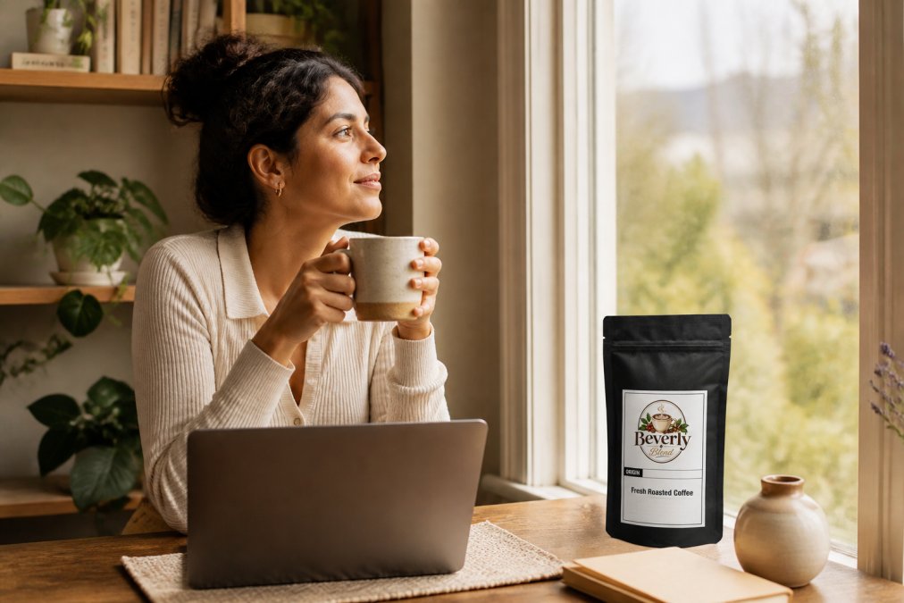 Person holding a warm ceramic mug of coffee at a home workspace, looking out a window with soft morning light, peaceful and focused expression