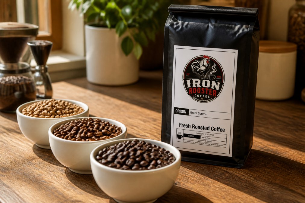 Close-up of artisan coffee beans in various roast levels (light, medium, dark) displayed in white ceramic bowls on a wooden surface with morning sunlight highlighting bean texture and color variation
