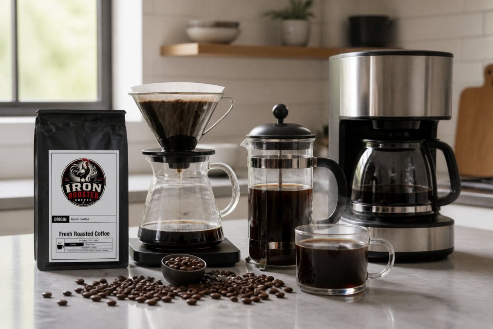 Home coffee setup showing pour-over cone, French press, and drip machine on clean kitchen counter with fresh artisan coffee beans nearby and steaming cup in natural morning light