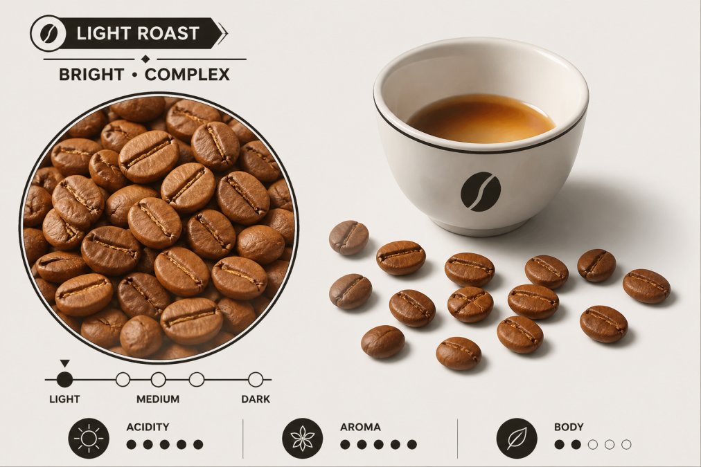 Close-up of light roasted coffee beans showing their cinnamon-brown color, with a few beans scattered on a white surface next to a small tasting cup