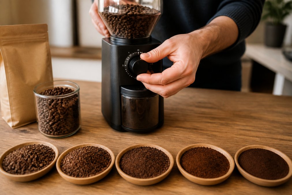 Person's hands adjusting a burr grinder with whole artisan coffee beans visible in a clear hopper, medium roast beans shown in graduated sizes from coarse to fine in front of the grinder