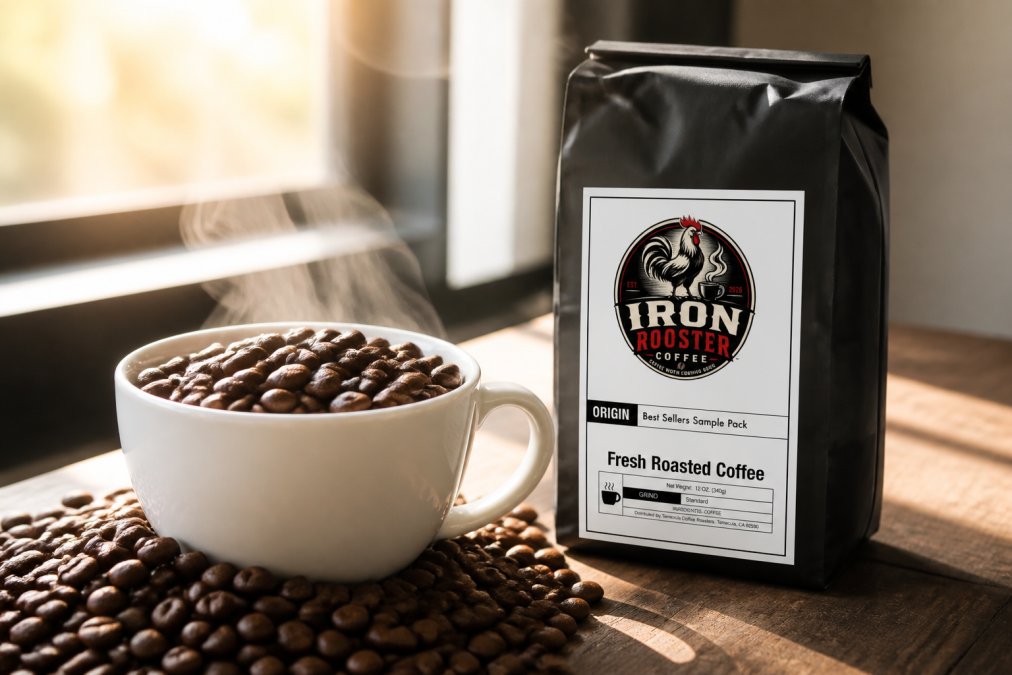 Close-up of freshly roasted coffee beans in a white ceramic cup with steam rising, showing rich brown color and texture, morning light streaming through a window