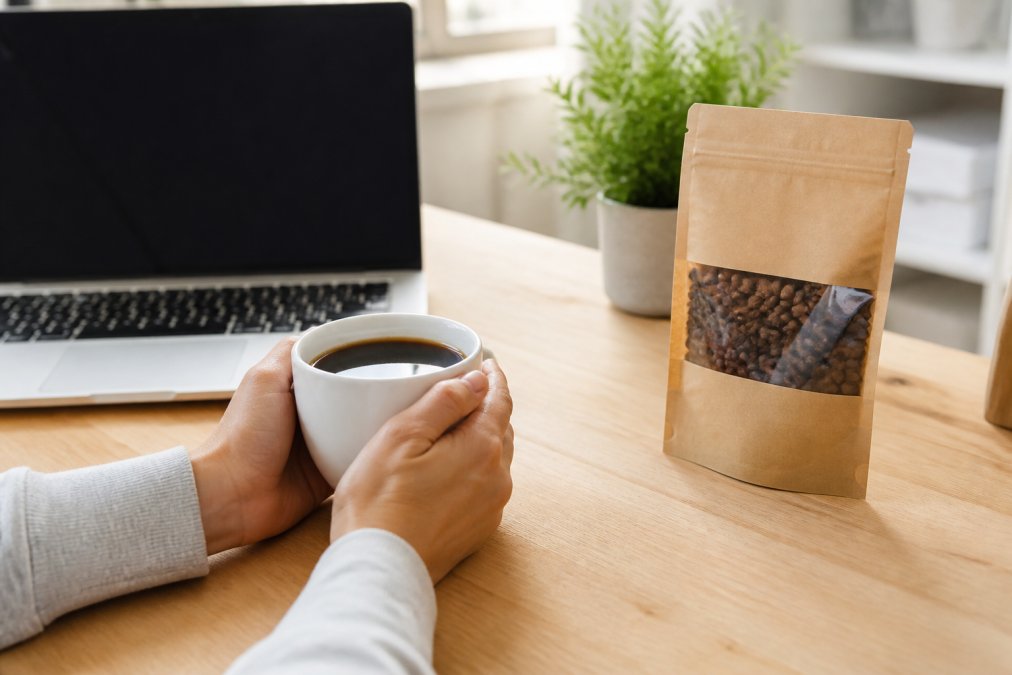 Hands holding a coffee cup near a laptop and artisan coffee subscriptions bag on a wooden desk