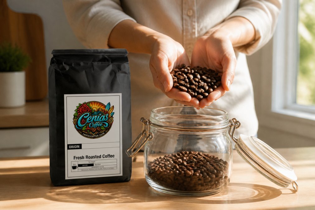 Close-up of hands holding whole artisan coffee beans over an airtight glass container on a kitchen counter, with natural morning sunlight streaming through a window, showing proper storage setup
