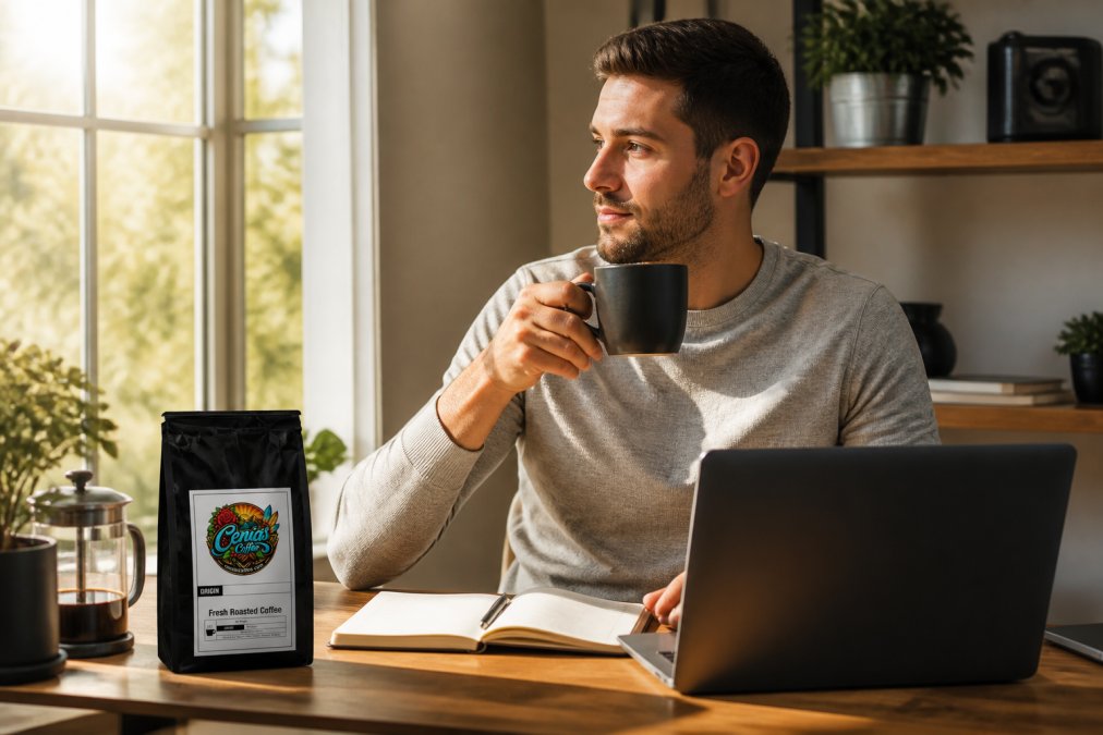 Remote professional at a home office desk holding a warm mug of artisan coffee, morning sunlight filtering through a nearby window, a bag of fresh roasted coffee beans visible on the desk beside a laptop and notebook
