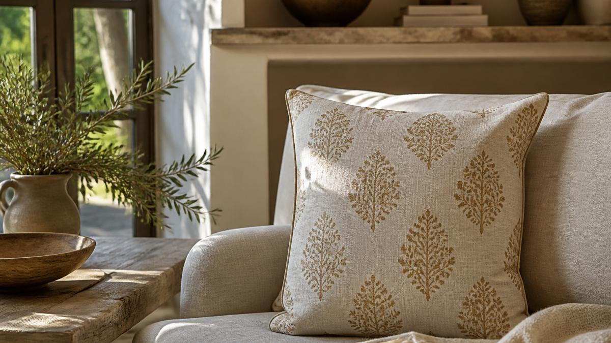 Neutral linen block print pillow resting on a modern sofa with layered textiles and natural wood accents in soft light.