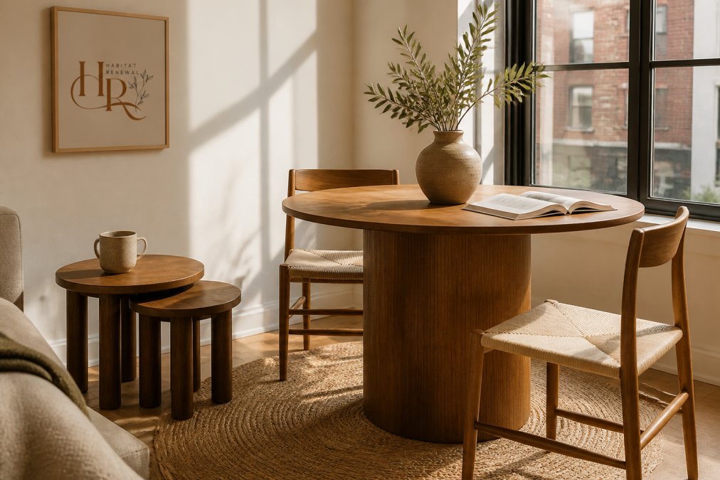 Infographic illustrating space-saving layouts for artisan furniture in a sunlit dining corner with nesting tables.