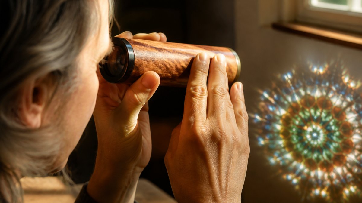 Person's hands holding a wooden handcrafted kaleidoscope, looking through the eyepiece with natural light streaming through a window, revealing intricate mandala patterns visible inside