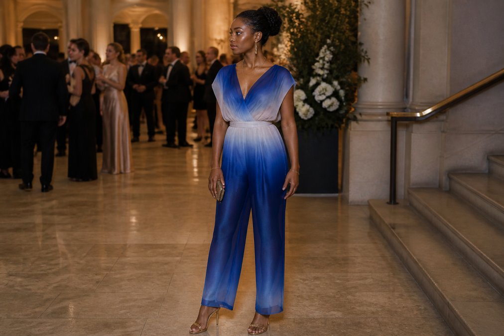 Woman wearing a tailored blue ombré organza jumpsuit styled with delicate gold jewelry, strappy heeled sandals, and an upswept hairstyle at an elegant evening gala, showing the complete formal look from accessories to footwear