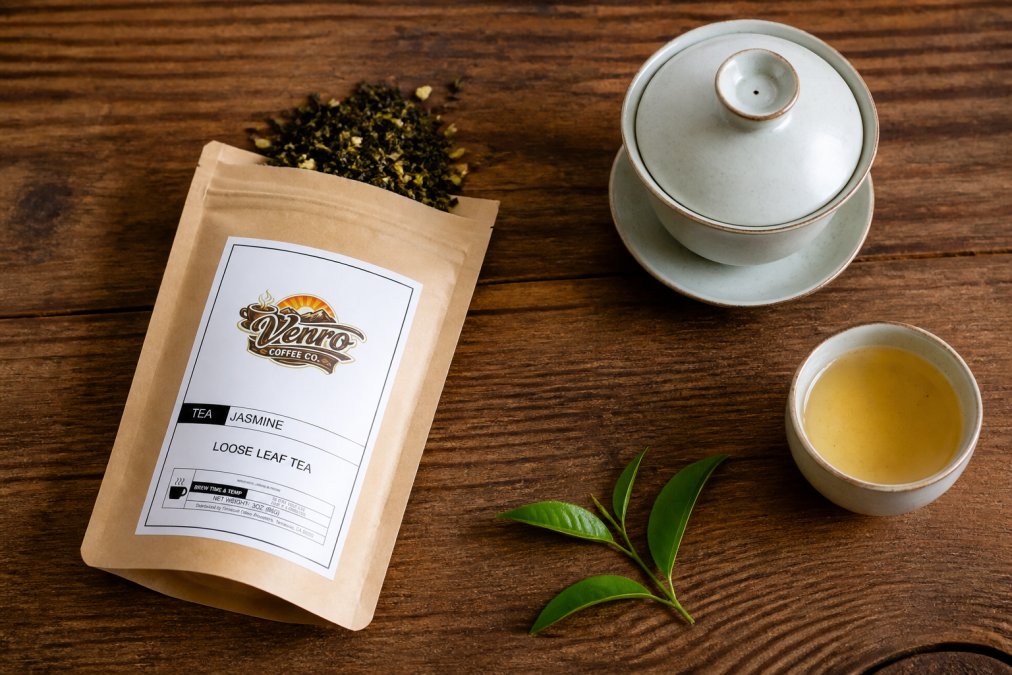 Overhead shot of artisan loose leaf tea in an open kraft pouch with fresh tea leaves visible, displayed on a wooden surface with a ceramic gaiwan and teacup nearby