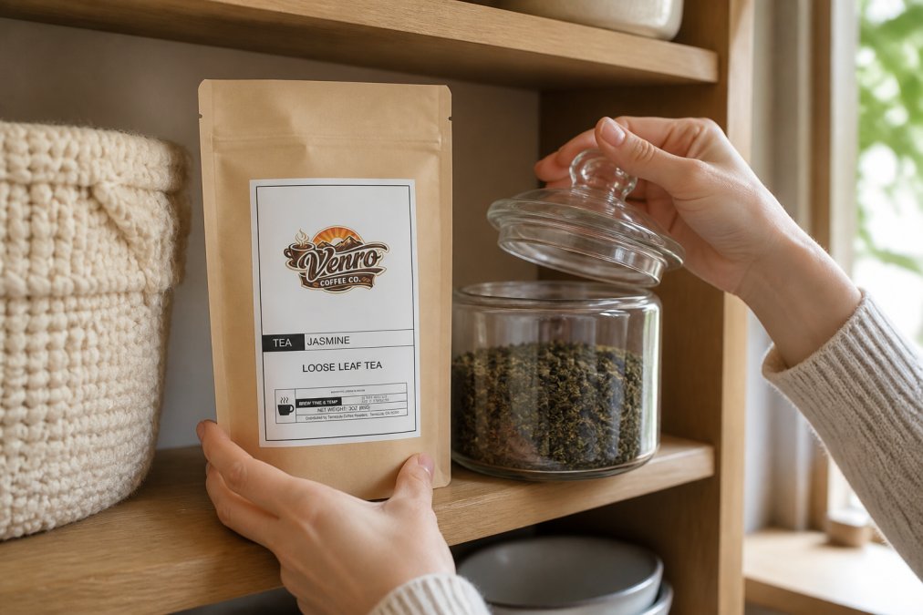 Close-up of hands placing artisan tea in an airtight glass container on a kitchen shelf away from sunlight, showing proper storage setup