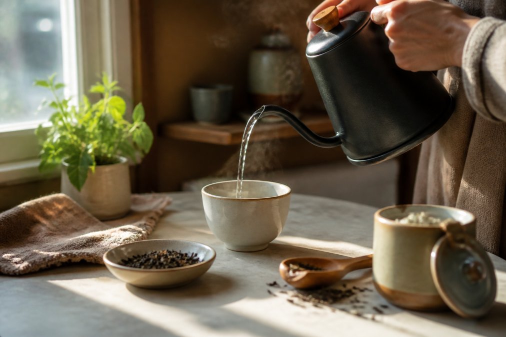 Hands pouring hot water from a kettle into a ceramic cup with loose leaf tea, steam rising, cozy home environment with natural afternoon light