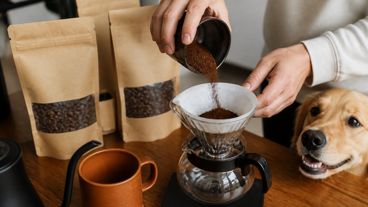 Close-up of hands pouring freshly ground artisanal coffee into a pour-over filter, with whole bean bags and a coffee cup on a wooden table