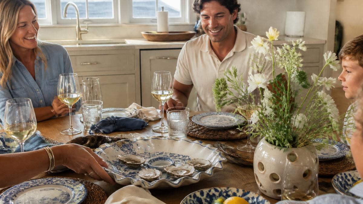 A family gathered around a coastal dining table using a hand-painted oyster plate and a ceramic flower holder, warm natural light through kitchen windows