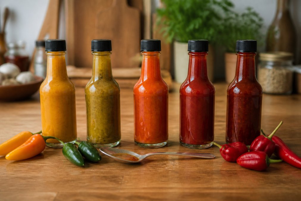 A wooden kitchen table with five small glass bottles of artisanal hot sauce arranged in a row, each a different colour from golden yellow to deep red, with fresh chillies and a tasting spoon beside them