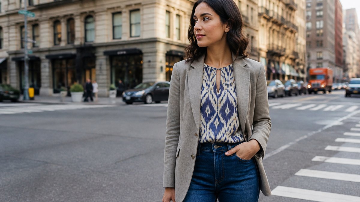 Woman wearing a structured ikat print top with jeans and a neutral blazer on a city street