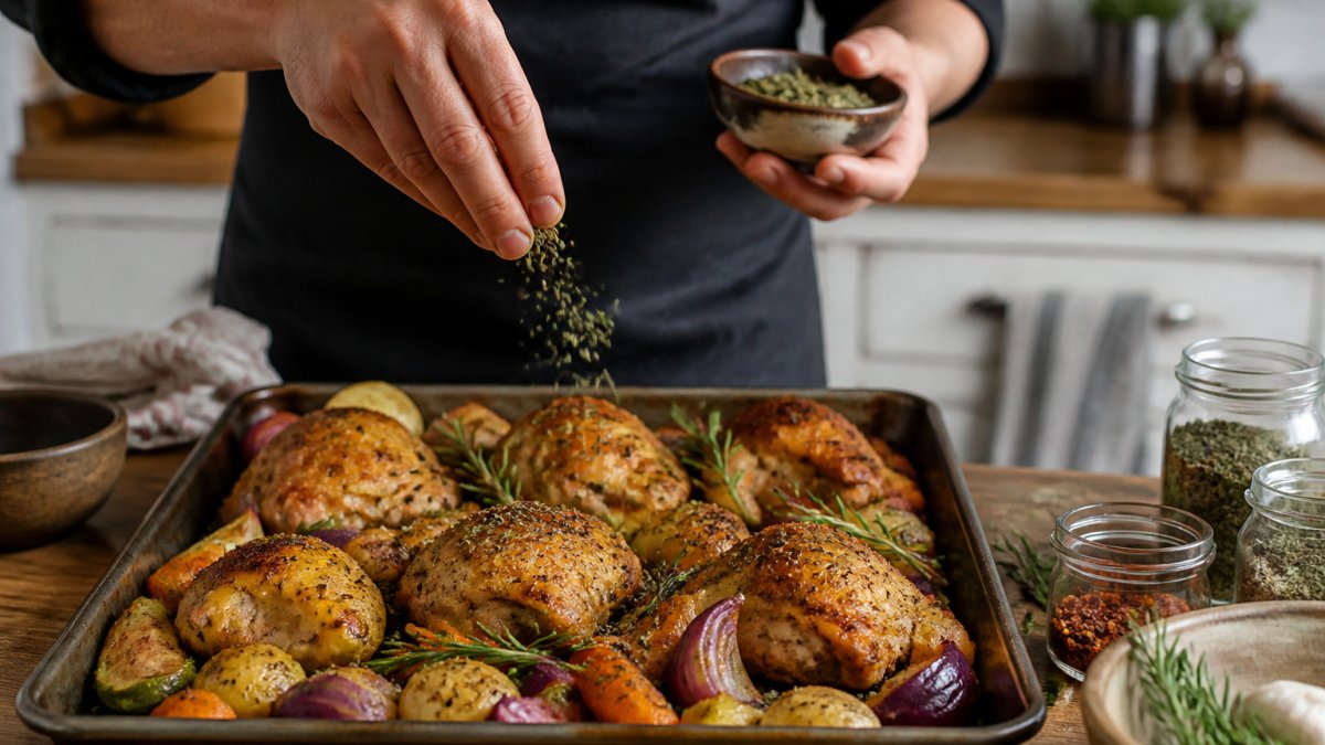 Close-up of a home cook's hands sprinkling an herb blend over a sheet pan of roasted chicken and vegetables on a wooden kitchen counter