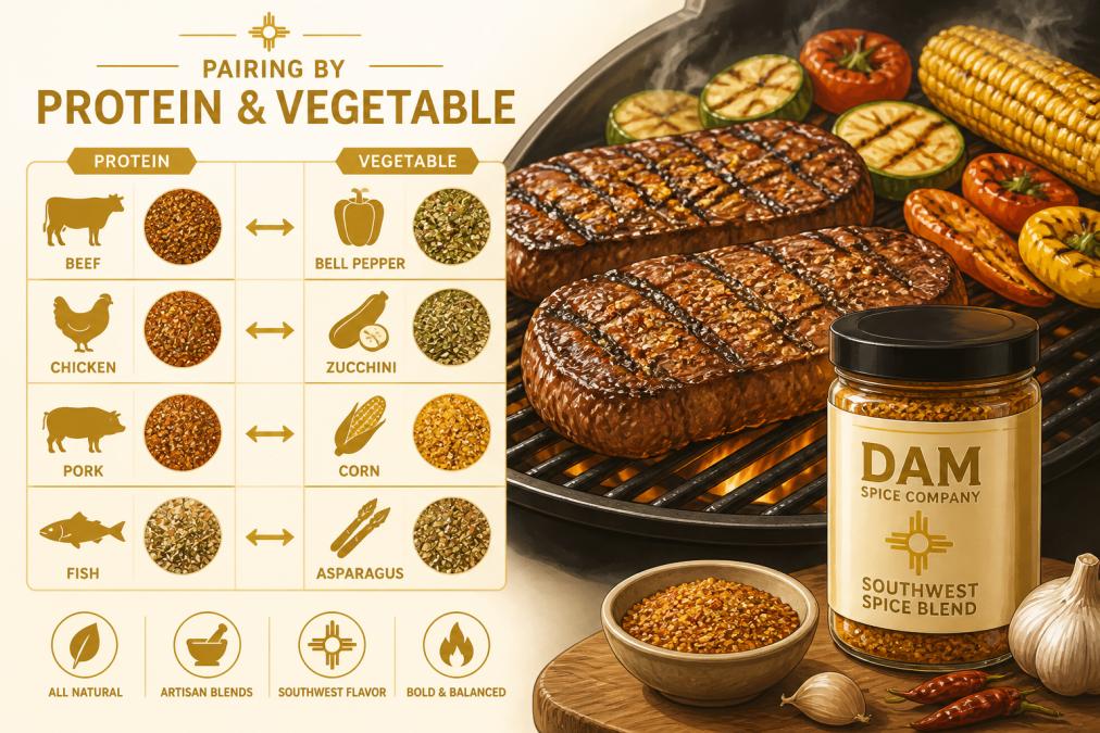 Close-up of a grilling scene with seasoned meat on a hot grill, fresh vegetables nearby, and an artisanal spice jar in the foreground, showing the real-world culinary application