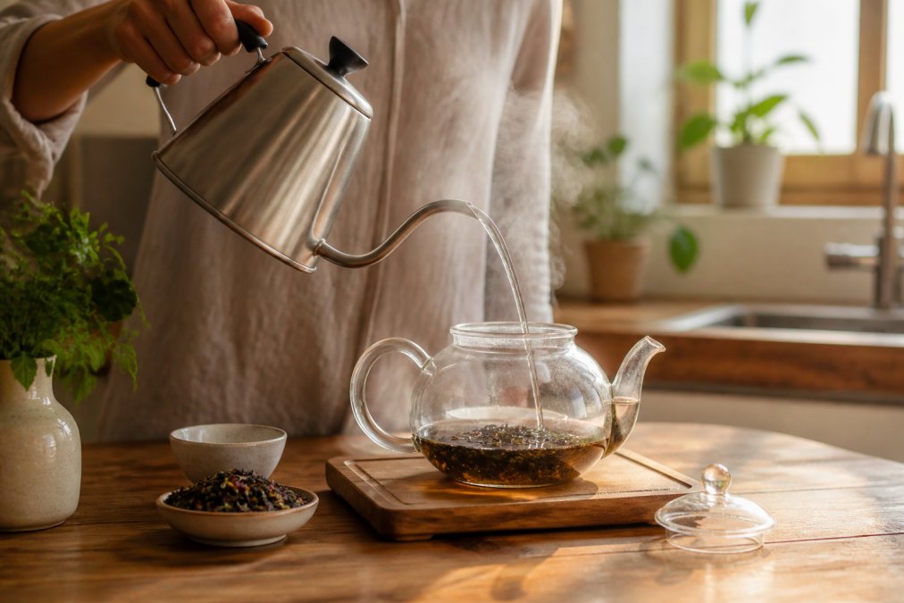 A person pouring hot water from a gooseneck kettle over loose leaf tea in a glass teapot on a wooden kitchen counter, steam rising, morning light through a window