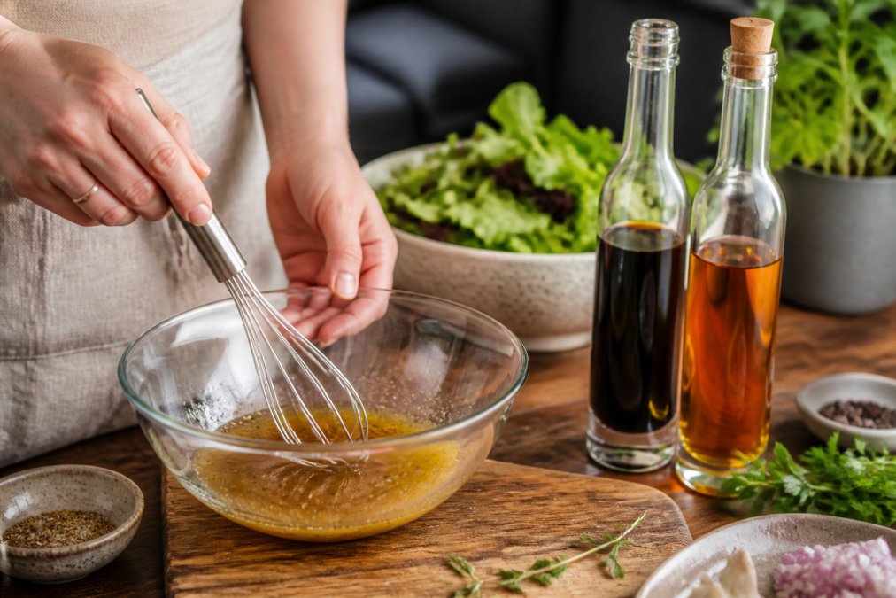 Close-up of hands whisking together vinegar and oil in a glass bowl, with fresh salad greens and artisanal vinegar bottles in the background on a wooden kitchen counter
