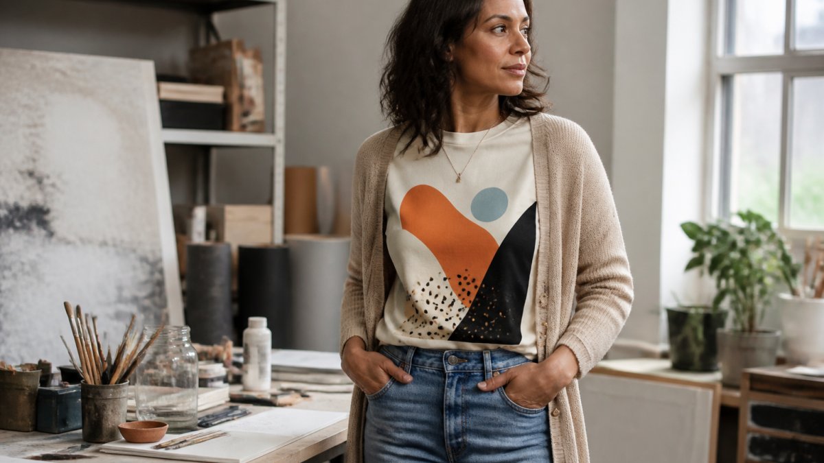 Adult wearing a bold artistic graphic tee in neutral setting, styled with clean jeans and layered neutral cardigan for professional-casual aesthetic