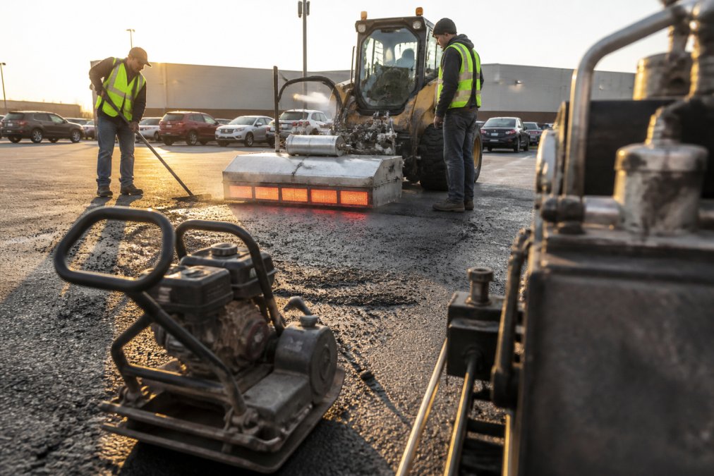 A paving crew in safety vests using an infrared heater on a commercial parking lot, heavy equipment and asphalt tools visible in the foreground, late afternoon light