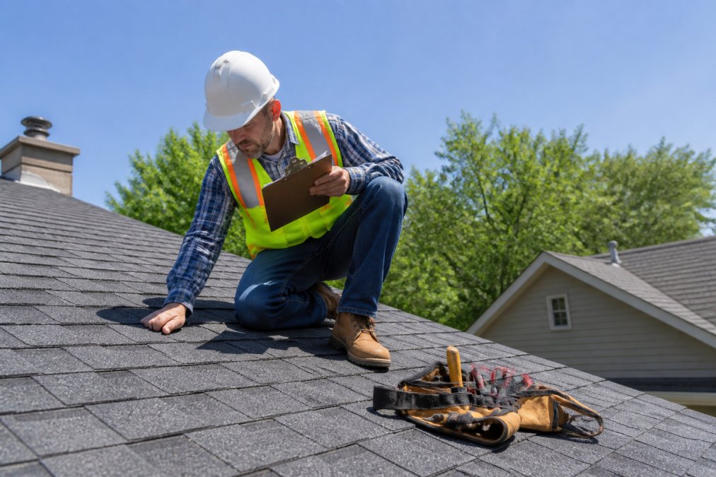 A professional roofing technician in safety gear inspecting an asphalt shingle roof on a sunny day, clipboard in one hand and tools resting nearby