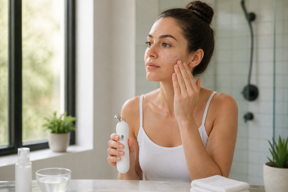 Woman applying conductive gel to her face before using a microcurrent facial device in a bright, minimalist bathroom setting with natural window light