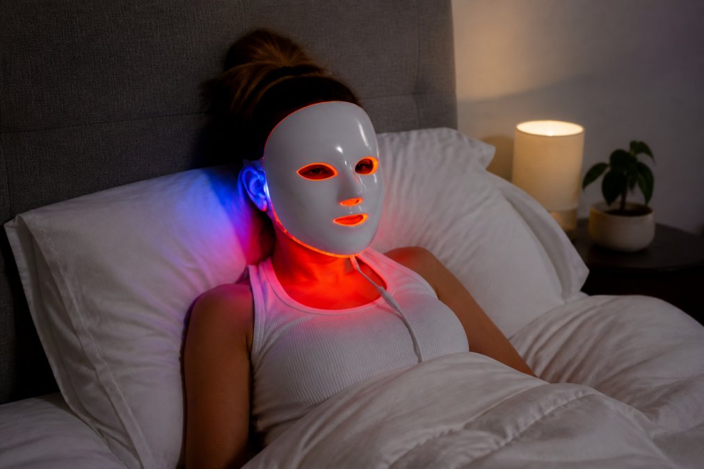 Person wearing an LED light therapy mask during a treatment session, face illuminated by red and blue light in a calm bedroom setting