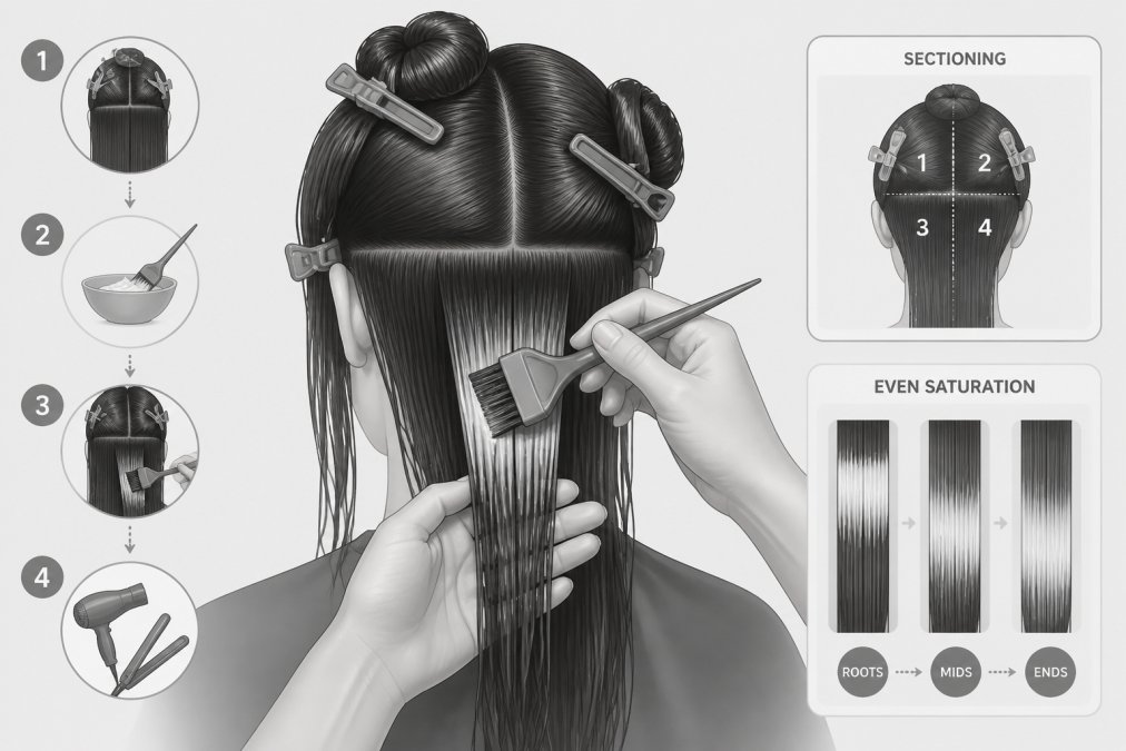 Close-up of hands applying keratin treatment to damp hair sections, showing proper sectioning technique with clips and even saturation from roots to ends