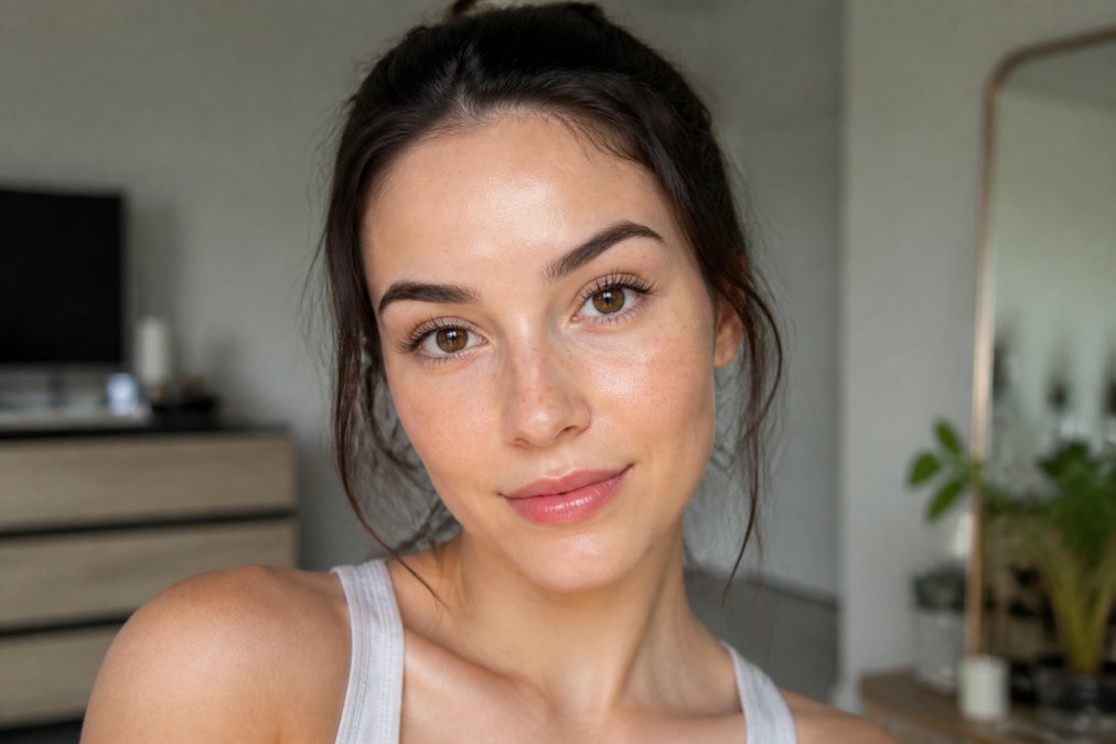 Woman with beautifully lifted, curled natural lashes looking directly at camera, showcasing the results of a successful at-home lash lift treatment with natural-looking curl definition