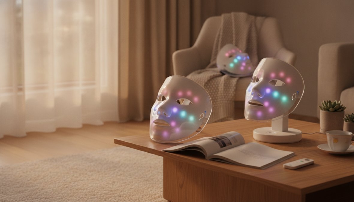 Nahaufnahme des Gesichts einer Frau, die eine LED-Lichttherapie mit einem kabellosen Gesichtsmaskengerät in einer spa-ähnlichen häuslichen Umgebung mit sanfter Umgebungsbeleuchtung erhält