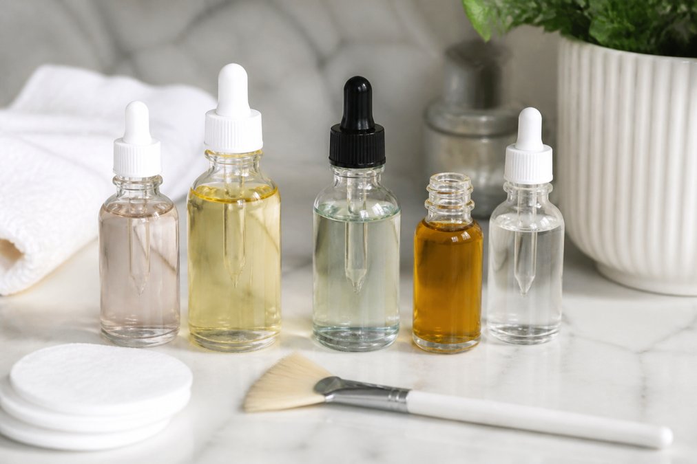 Close-up flatlay of several small glass bottles of skincare acids arranged on a clean white marble surface alongside a soft-bristle application fan brush and cotton pads, photographed under soft diffused natural light