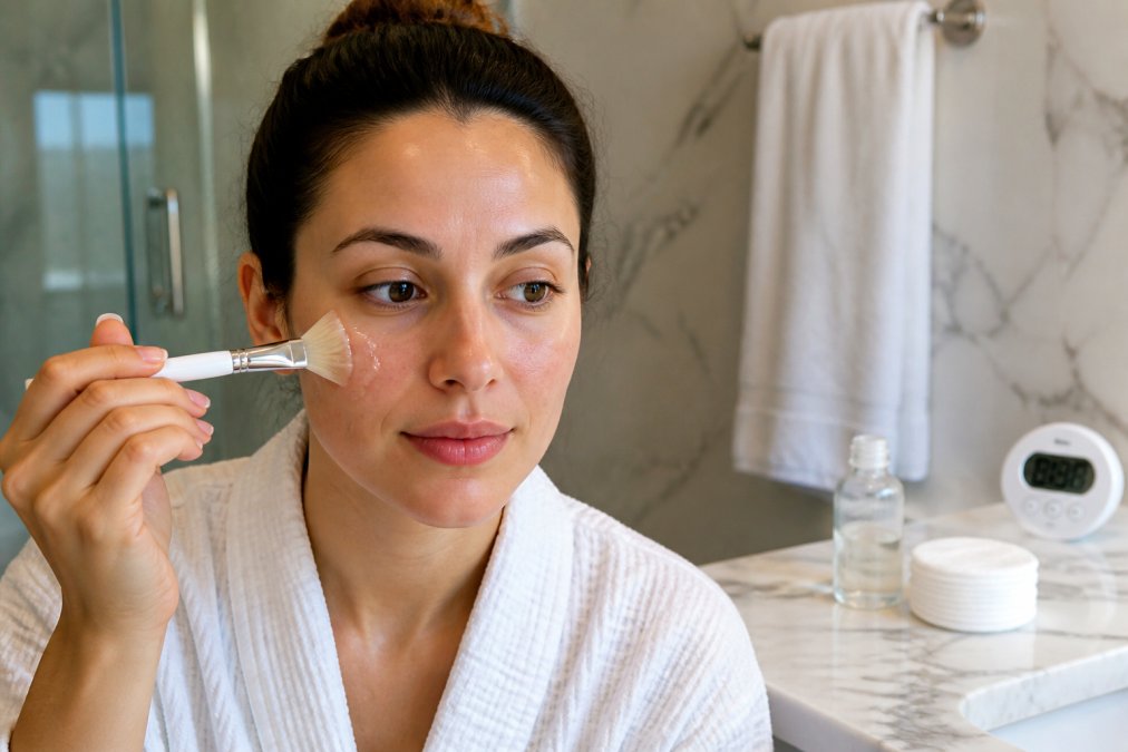 Person carefully applying a clear chemical peel serum to their cheek with a soft fan brush in a well-lit bathroom, with a small timer and folded cotton pads visible on the white marble counter beside them