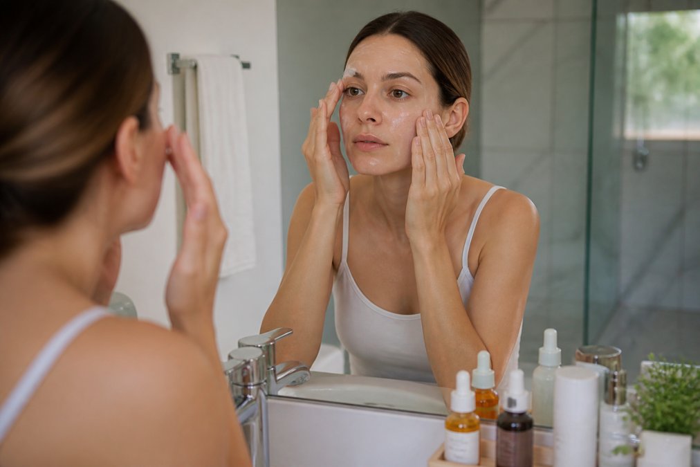 Person in bright bathroom carefully cleansing face with gentle facial wash, hands applying product to cheeks and forehead with deliberate technique