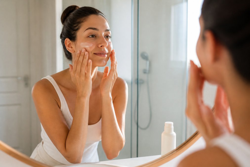 Person in bright, minimalist bathroom applying hydrating moisturizer to clean face with fingertips, sunscreen bottle visible on counter nearby