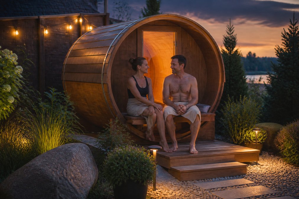 A cedar barrel sauna in a landscaped backyard at dusk, warm LED light glowing from the interior, with a couple sitting on the small front porch bench