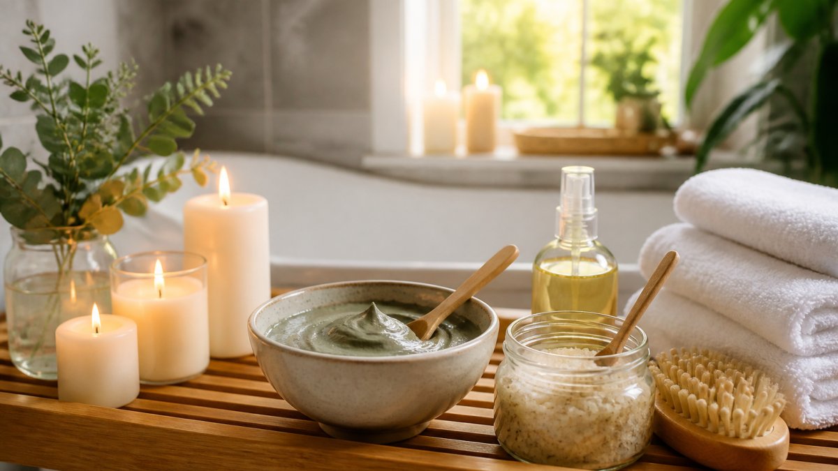 Lit candles and face mask bowl on a wooden shelf with fluffy white towels in a serene, sunlit bathroom setting