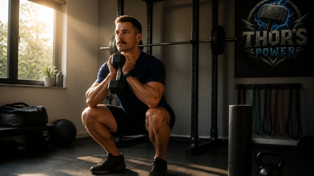 EMS professional performing a dumbbell goblet squat in a home gym during the early morning hours