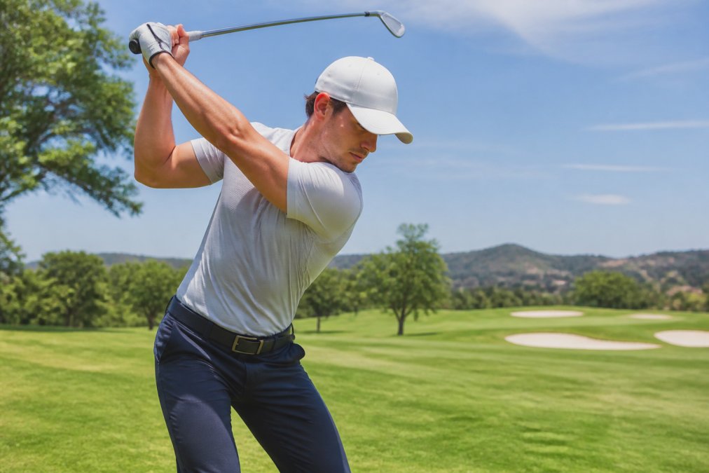 Golfer mid-swing wearing lightweight athletic apparel, demonstrating full shoulder rotation and hip mobility with visible stretch in the fabric, captured on sunny course with natural lighting
