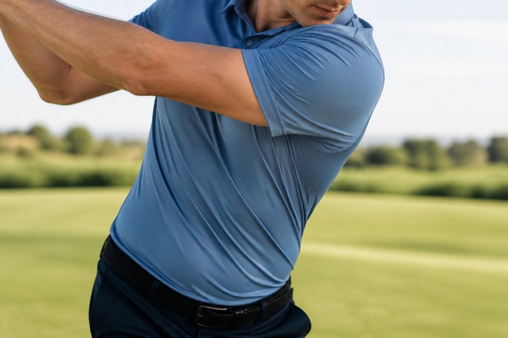 Close-up of athletic fit polo shirt fabric showing four-way stretch and mobility, worn by golfer in athletic stance demonstrating shoulder rotation and hip movement