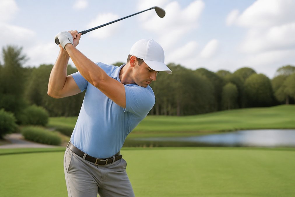 Golfer mid-swing wearing athletic fit golf clothing for mobility and a tailored torso silhouette