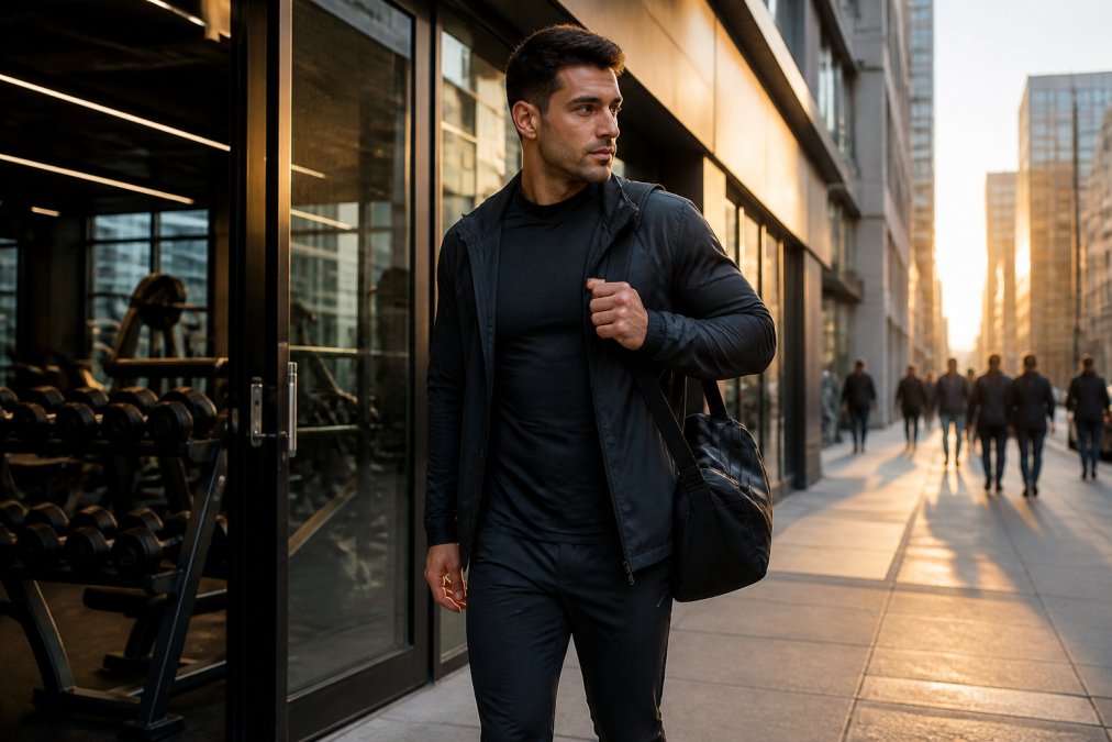 A person in a fitted technical base layer and weather-resistant shell jacket walking from a modern gym entrance onto a bustling city sidewalk at golden hour, concrete and glass buildings behind them