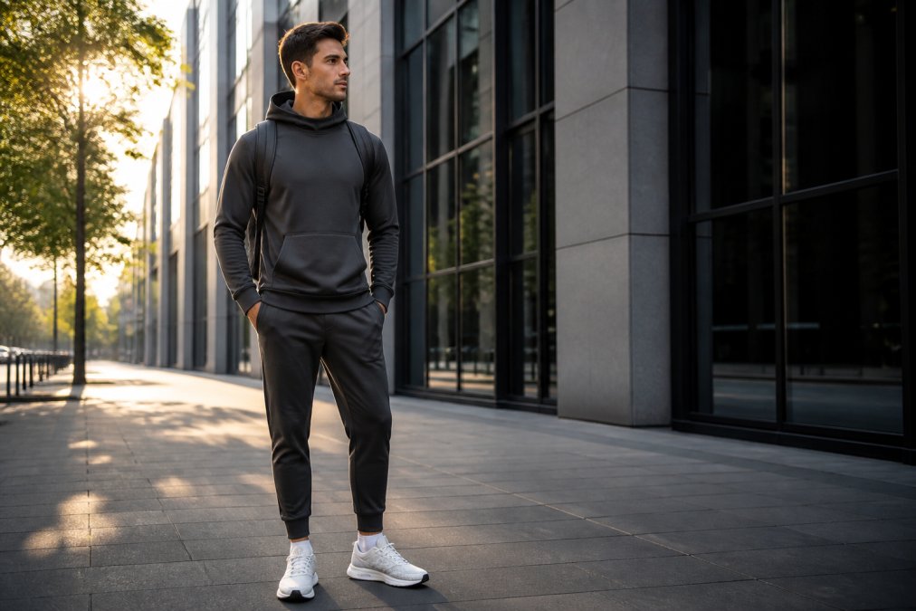 A man in his late twenties wearing a charcoal performance hoodie and tapered joggers, standing on a city sidewalk with a backpack, morning light hitting modern buildings behind him