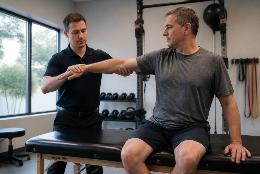 A physical therapist working one-on-one with a middle-aged patient in a bright, modern clinic, guiding them through a movement assessment on a treatment table