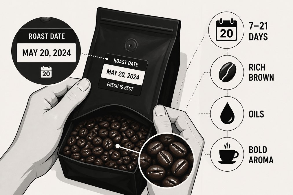 Close-up of hands examining a coffee bag showing roast date label clearly visible, with freshly roasted beans displaying vibrant brown color and visible oils on the surface in natural light