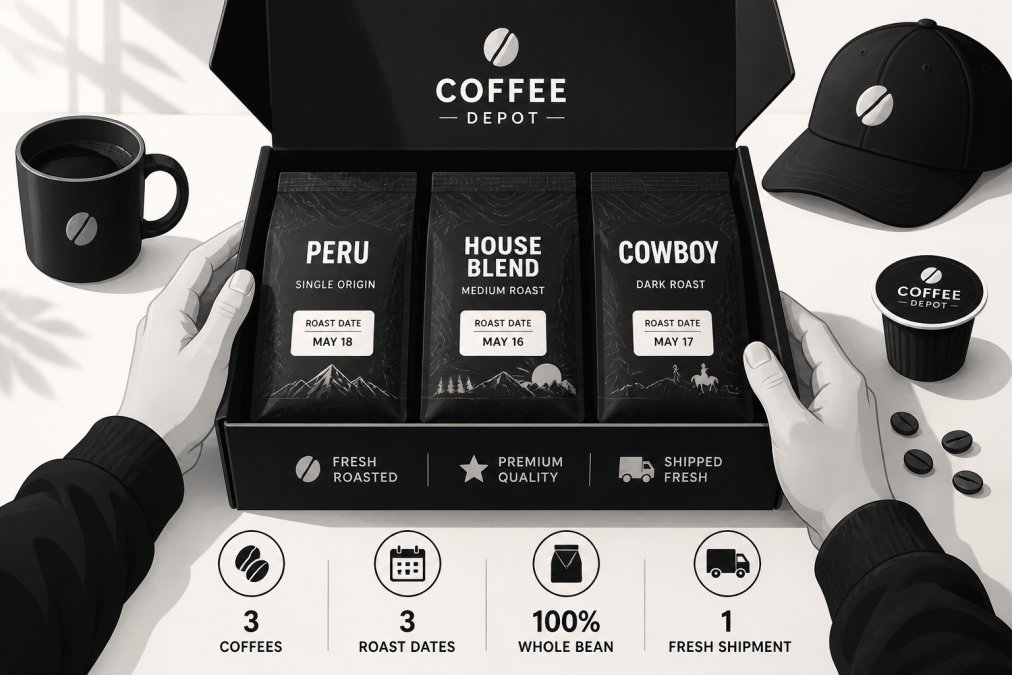 Hands opening a fresh coffee subscription box revealing whole bean coffee bags with roast date labels clearly visible and vibrant packaging, showing the contents in natural daylight