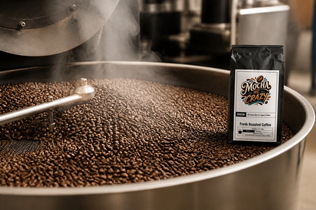 Close-up of freshly roasted coffee beans cooling on a metal tray with visible steam rising and glossy sheen visible on individual beans under bright overhead lighting