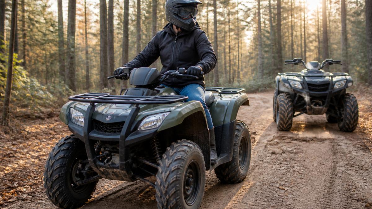 A new rider sitting on a mid-size ATV on a groomed forest trail, wearing a full-face helmet, gloves, and riding boots, with another ATV parked behind and morning light through the trees