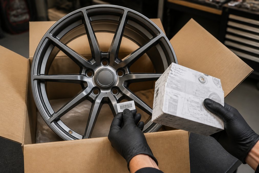 Close-up of hands inspecting an Audi part, comparing packaging details and serial numbers under bright shop lighting, with genuine OEM box visible
